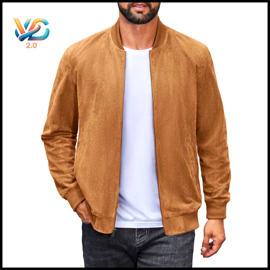 Men's Lightweight Faux Suede Bomber Jacket Vintage Casual Varsity Style